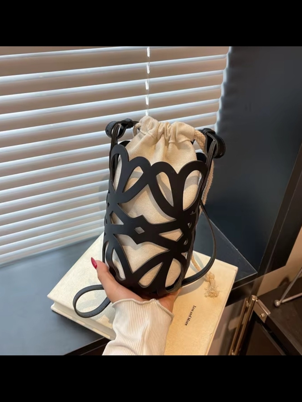 crossbody Bucket Bag with White Canvas Insert - Picture 2 of 7